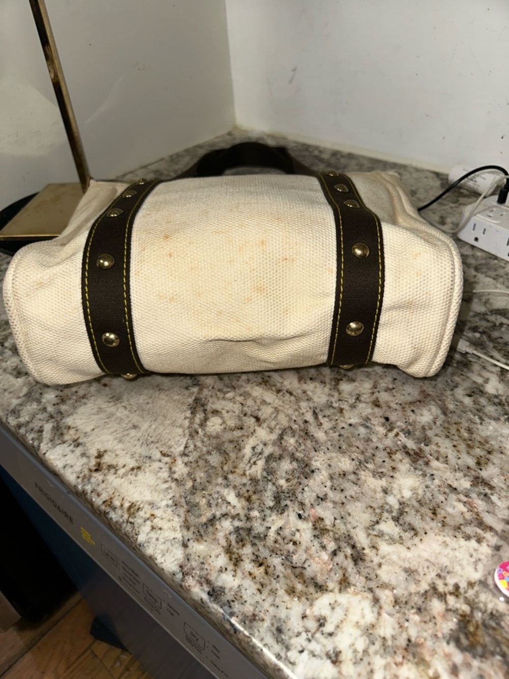Louis Vuitton Cream Canvas Tote with Dark Brown Straps and Gold Plaque PRE-OWNED - Picture 6 of 17